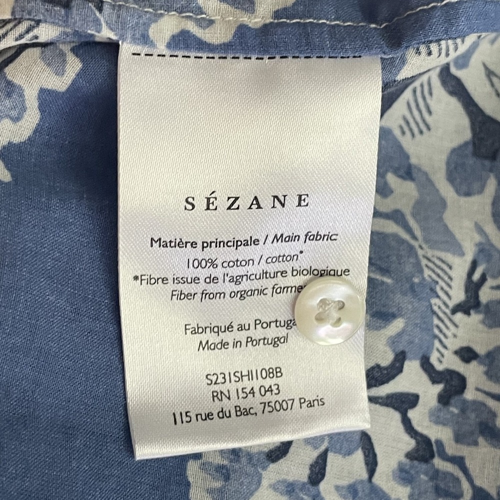 Sézane Pierro Shirt 34 XS Blue White Floral Organic Cotton Button Front Portugal - Picture 4 of 11